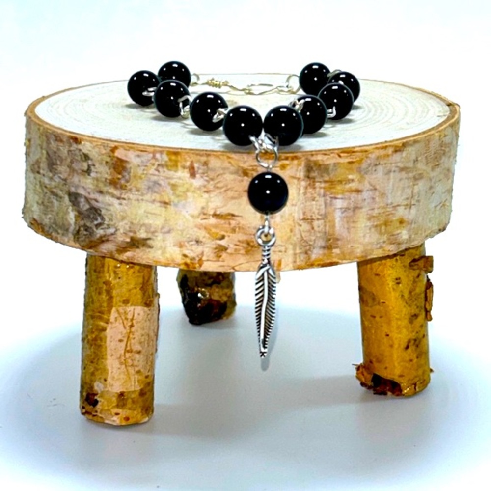 Handmade Feather Charm Bracelet with Natural Obsidian Stones!